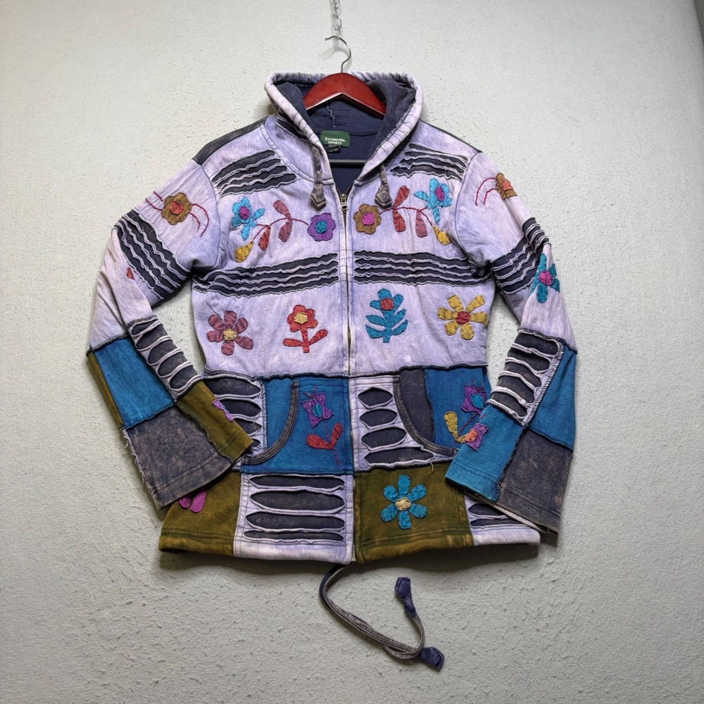 Kathmandu Imports Patchwork Hoodie Womens L Purple Floral Embroidered Distressed